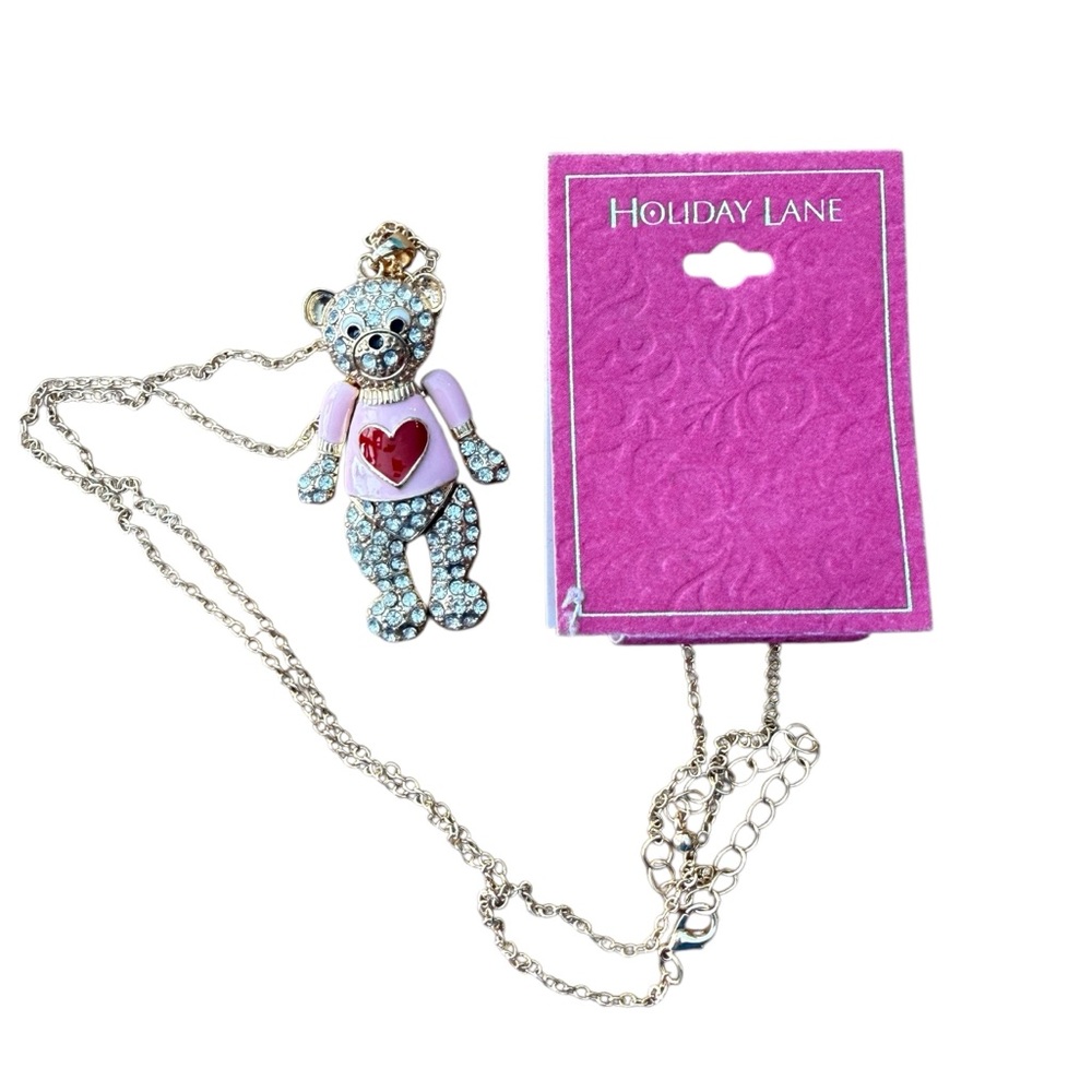 Rhinestone Teddy Bear Necklace Valentine’s Day Long Chain 37” NWT - Picture 2 of 3